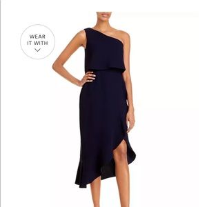 Bloomingdale’s Aqua Crepe Flounce Cocktail Dress Navy Size 6